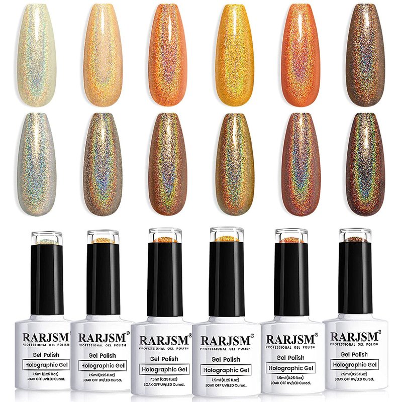 Holographic Gel Nail Polish Set - Sunflower Collection | 6PCS UV LED Soak Off Orange Yellow Colors 7.5ML