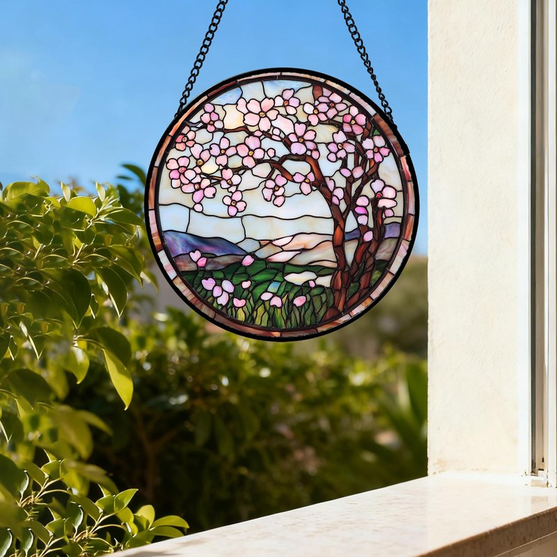 QZQCBLC Stained Glass Window Hanging Pink Cherry Blossom Tree 6.3" - Flower Suncatcher Door Terrace Garden Sun Catcher Home Decor Birthday Christmas for Mom Wife Woman Nana