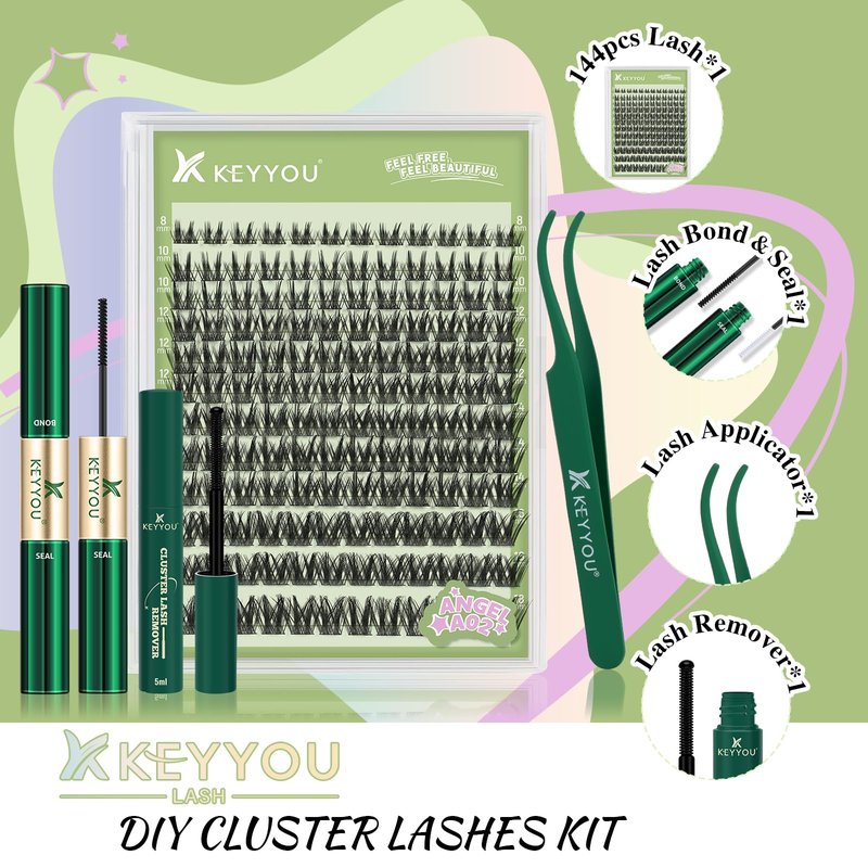 KEYYOU Angel Lash Clusters Kit, 8-18mm Mix D Curl Wispy Natural Eyelash Clusters with Bond, Seal and Tweezers for DIY Eyelash Extension at Home(Lash Kit-Angel A02)