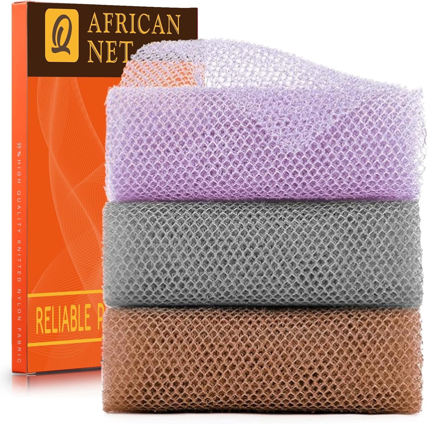 UJFQBH African Exfoliating Net Bath Sponge Set - 3 Pieces for Daily Skin Smoothing | Purple, Gray, Brown