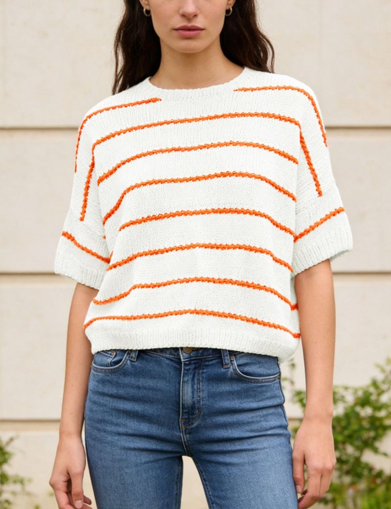 QIBABU Womens Short Sleeve Striped Sweater Top Casual Crewneck Lightweight Shirt Spring Summer Cropped Knit Tops(2242-White-XL-QB)