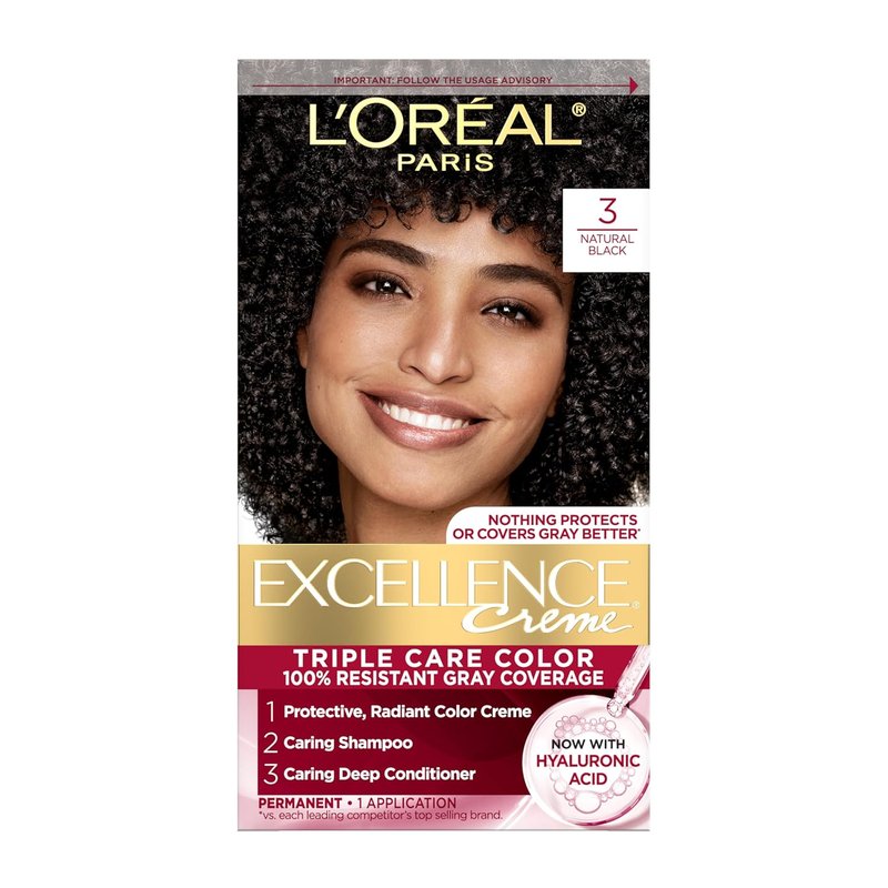L'Oreal Paris Excellence Crème Hair Dye - Triple Care Formula with Hyaluronic Acid for 100% Gray Coverage - Natural Black, 1 Kit