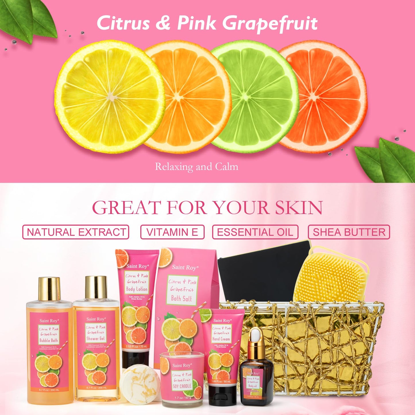 11Pcs Bath & Body Set Spa Gift Basket for Women Men, Self Care Bath Kit