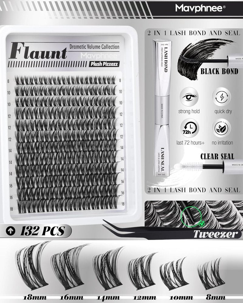 Flaunt Lash Clusters Kit - Wispy Individual Eyelash Extensions | 132 Pcs CD-Curly 8-18MM with Bond, Seal & Tweezers