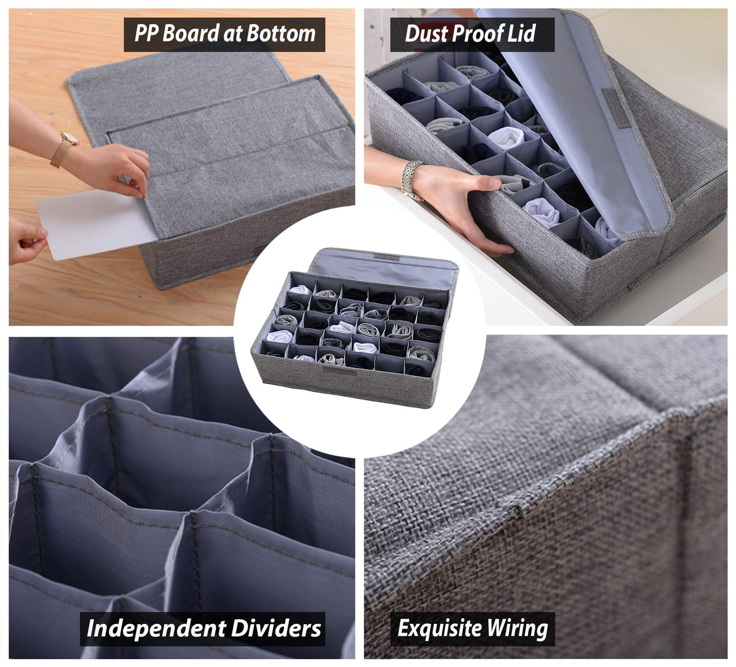 AARAINBOW 2 Packs Underwear Socks Ties Storage Organizer with Lids Foldable Closet Drawer Organizer 60 Cells, Fabric Wardrobe Divider Storage Boxes for Scarves and Lingerie (30 Cell, 2 Gray)
