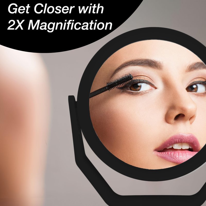 EXPRESSIONS Black Soft Touch Rotating Makeup Mirror – 1x/2x Magnification | Round Vanity Mirror Handheld Tabletop & Travel | Small Magnifying Desk Mirror for Women – Compact