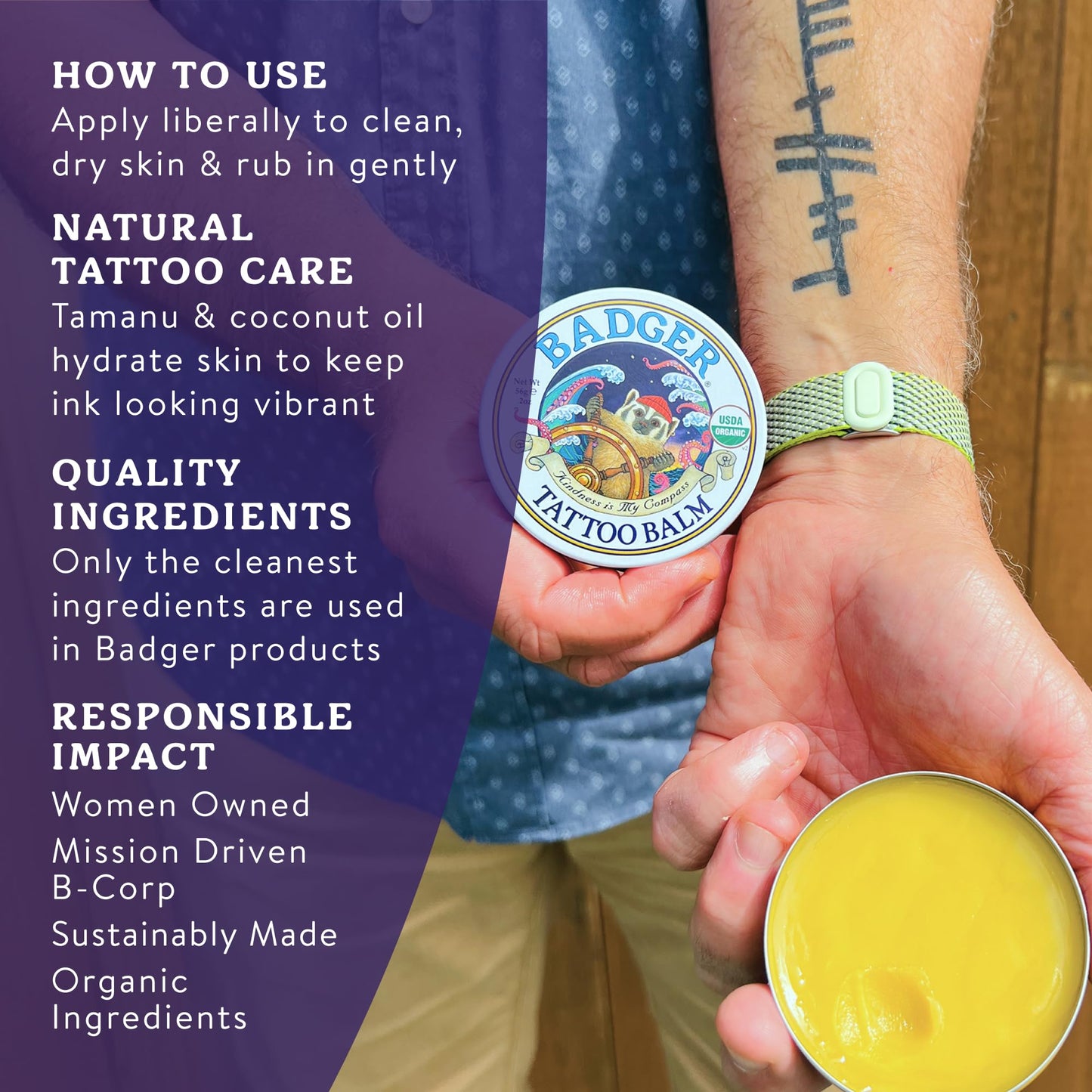 Badger Tattoo Balm, Organic Tattoo Aftercare, Soothing Moisturizing Protecting Healing Tattoo Cream, Light Herbal Sweet Scent, Long Lasting Rich Tattoo Butter, 2 oz Tin