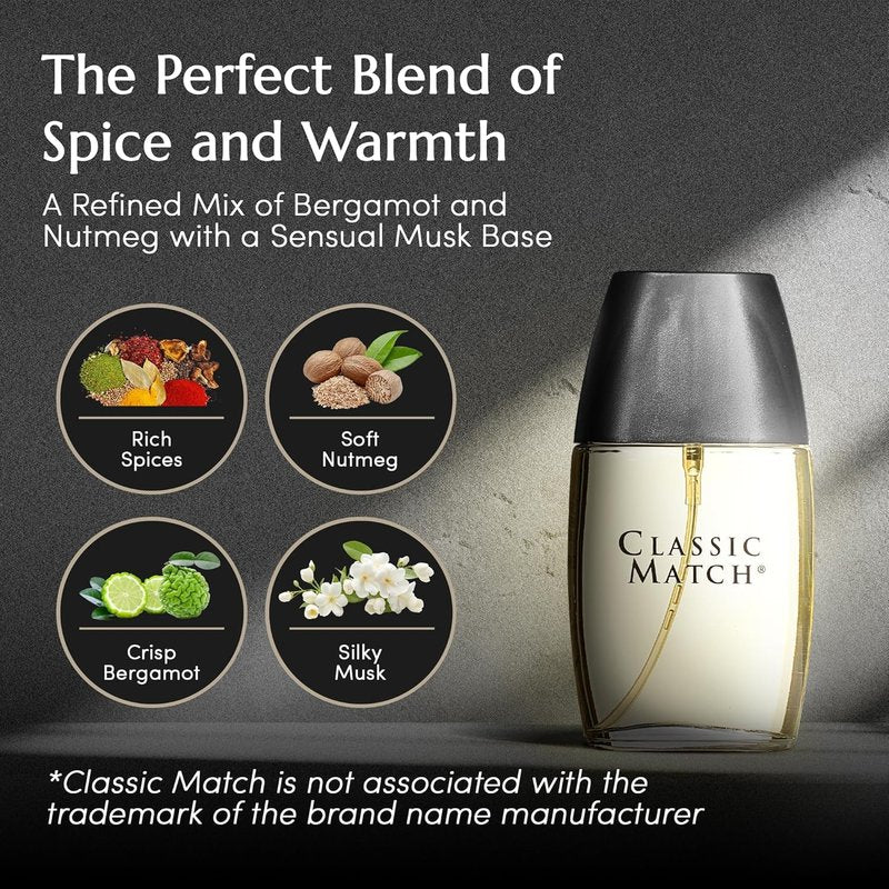 Classic Match Eau de Toilette Spray for Men - Warm Oriental Scent with Bergamot, Nutmeg & Musk | 2.5 Fl Oz