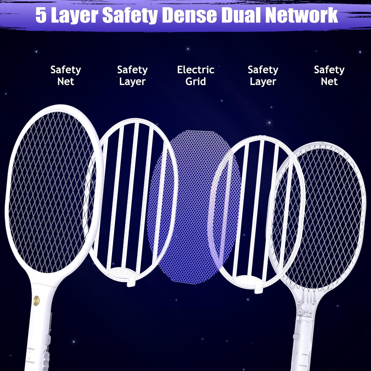 2 PCS 3000V Electric Fly Swatter Racket, 2 in 1 Bug Mosquito Killer Zappers USB Rechargeable, 1200mAh Mosquitoes Killer Lamp & Fly Zappers with 3 Layer