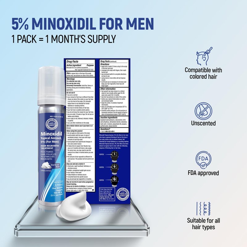 Minoxidil 5% Topical Aerosol Foam, Hair Regrowth 4 Months Treatment for Men, 2.11 oz (4 Pack)