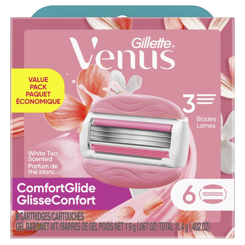 Gillette Venus ComfortGlide White Tea Women's Razor Blades,3-Blade Razor Refills,Holiday Gifts for Women,6 Count (Pack of 2)