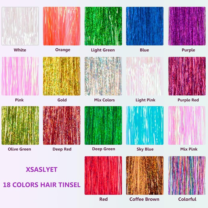 Skiennix Hair Tinsel Kit - 18 Color Sparkly Extensions with 7800 Strands | Heat Resistant Glitter for Festivals
