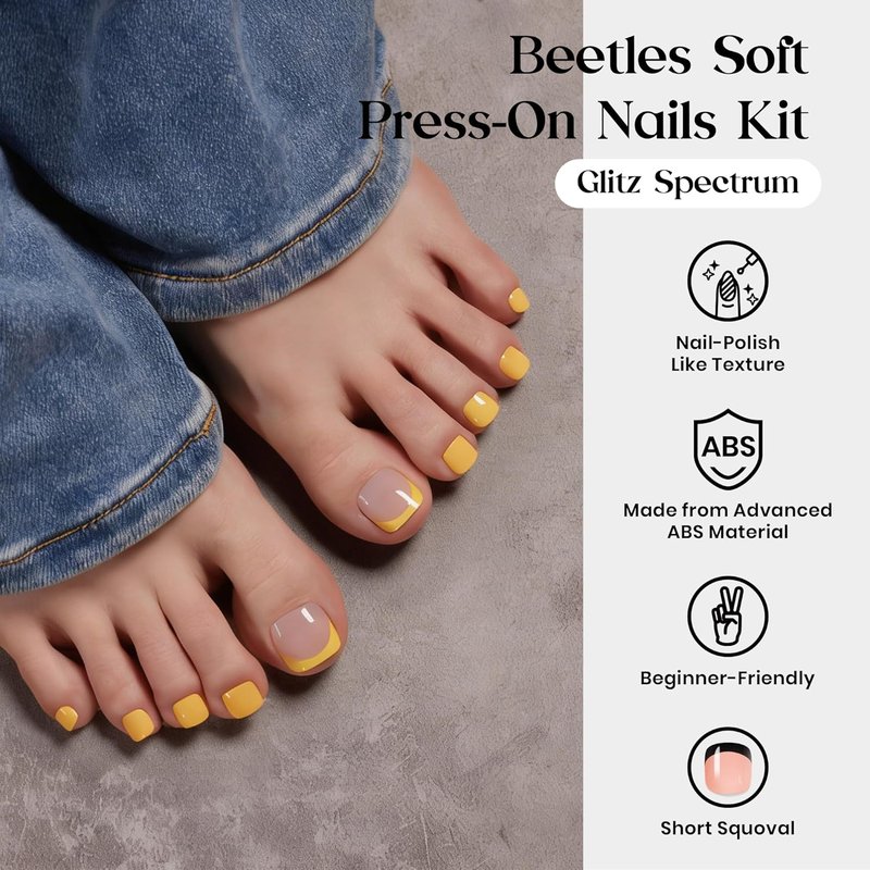 Beetles Press On Toenails Kit - 360 Pcs Short Square Glitter Nails | 12 Colors, French Glossy Finish, Includes Glue & Tabs