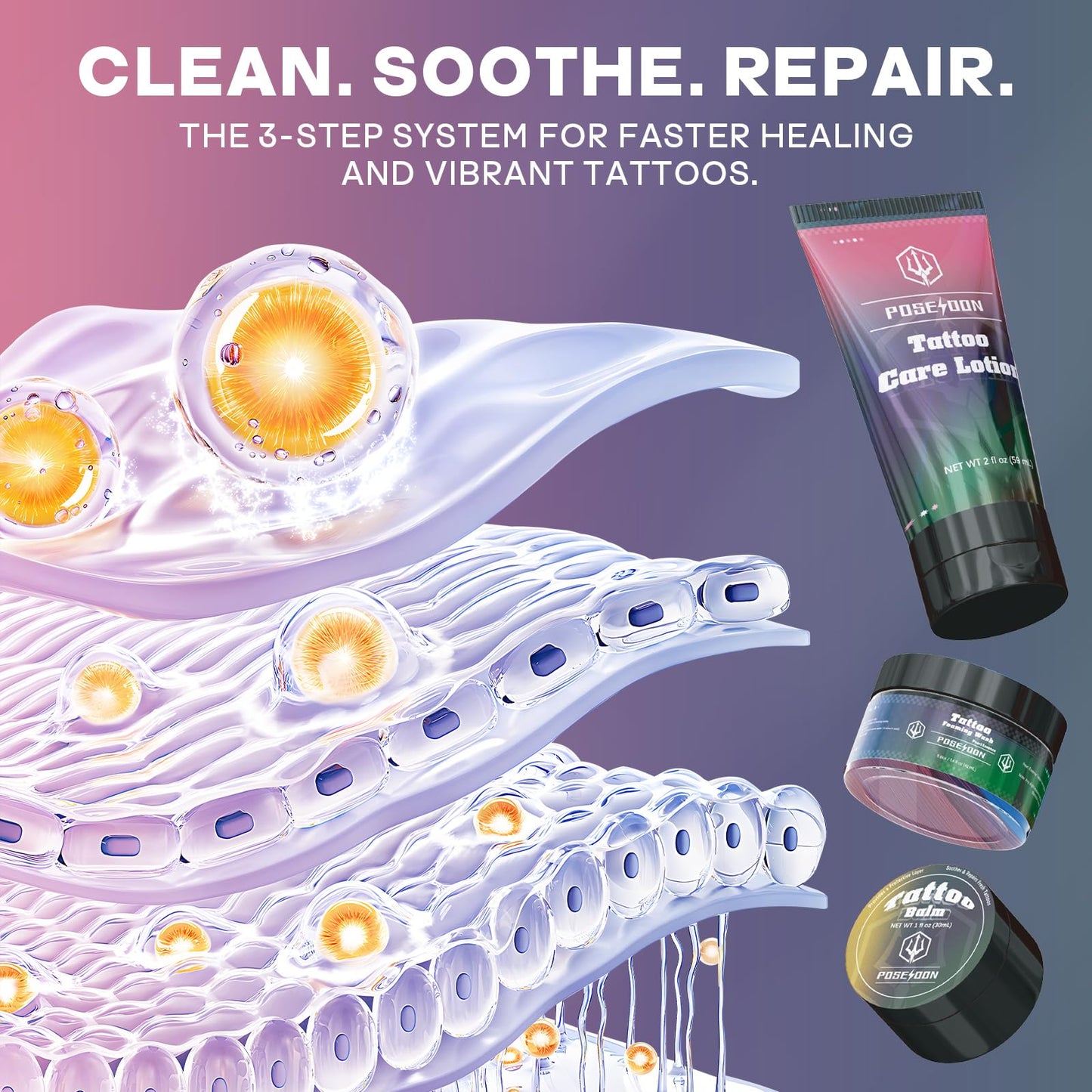 POSEIDON Tattoo Aftercare Kit - 3-in-1 Set with Refreshing Citrus Scent for Quick Healing & Color Protection (Tattoo Soap, Balm, Lotion)