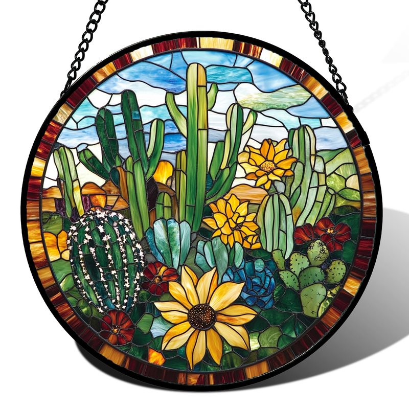 QZQCBLC Stained Glass Window Hanging Green Cactus with Yellow Flowers Large 15" - Suncatcher Door Garden Sun Catcher Home Decor Birthday Christmas for Mom Men Woman Friend Nana