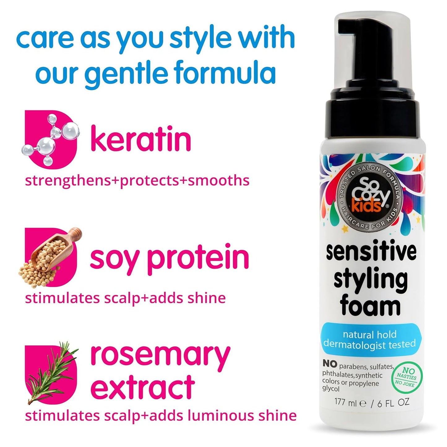 SoCozy Kids Sensitive Styling Foam - Gentle Natural Hold for Straight or Curly Hair | 6 fl oz