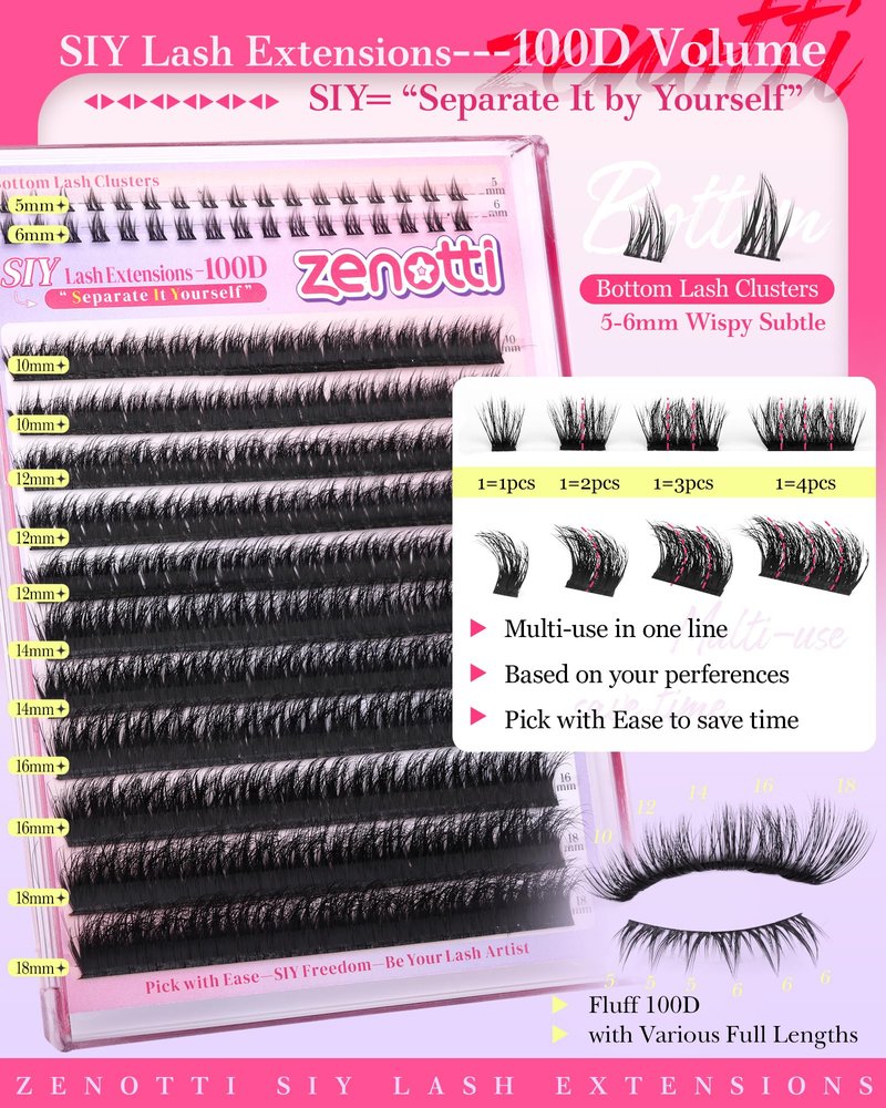 Lash Clusters Volume Lash Extensions Wispy Eyelash Clusters with Bottom Lashes 100D Individual Lashes Cluster Eyelash Extensions DIY Lashes Extension at Home D Curly 5-18mm by zenotti