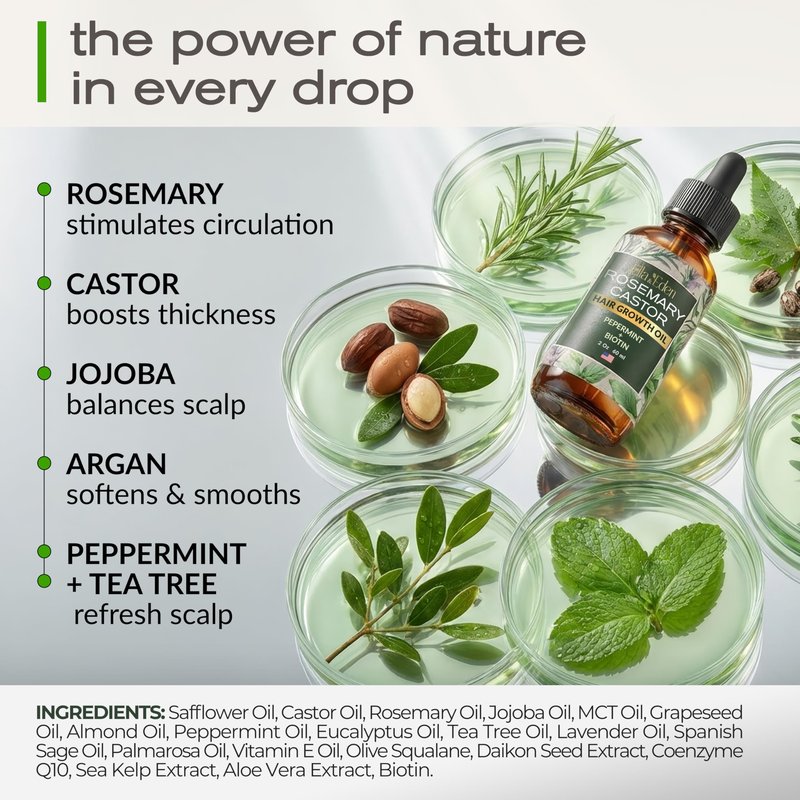 Ella & Eden Hair Growth Oil with Rosemary, Castor, Peppermint Oils & Biotin - Dry Scalp Treatment - Strengthening, Repairing, Soothing - 2 Fl Oz Glass Bottle