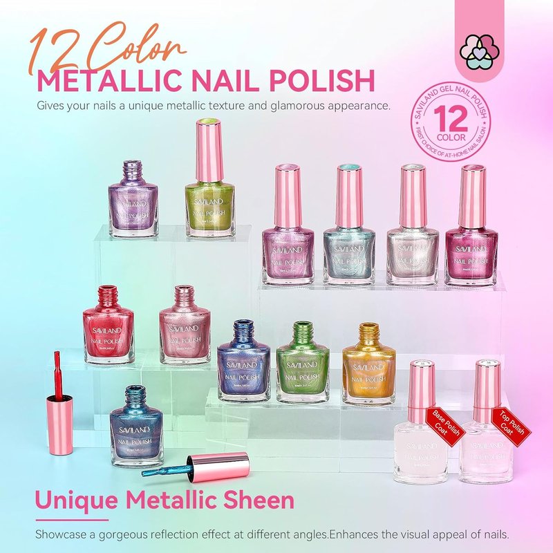 SAVILAND Metallic Nail Polish Set - 12 Chrome Colors with Base & Top Coat | Quick-Dry Glitter Holographic Finish