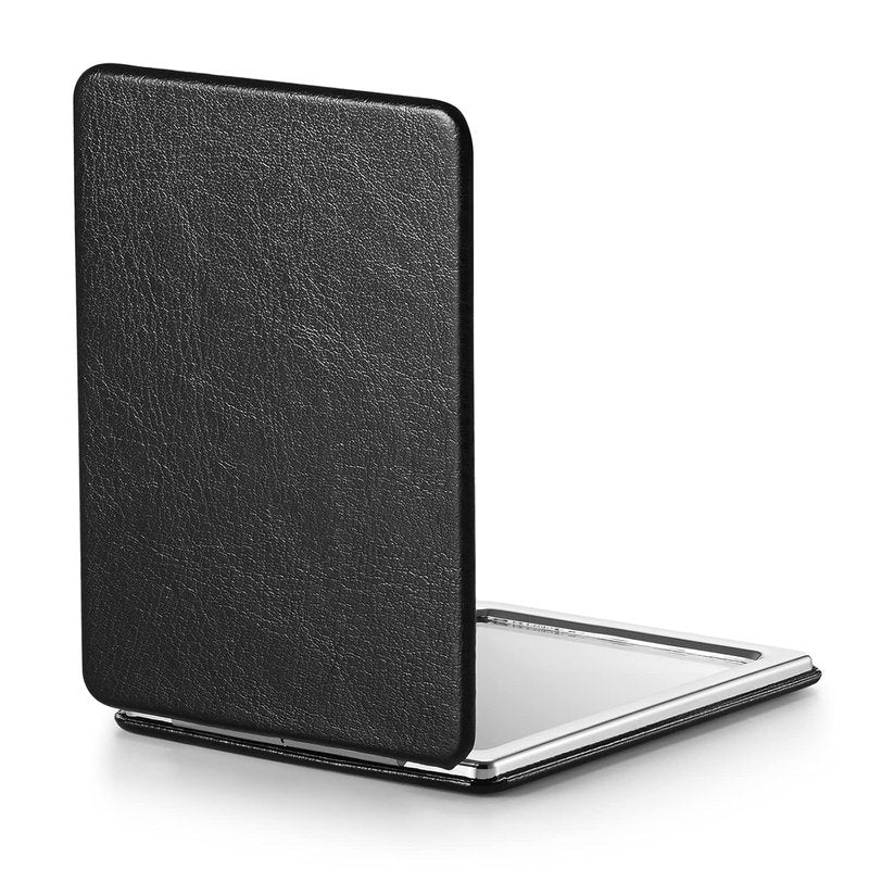 OMIRO Compact Mirror - Ultra Portable PU Leather with 1X/3X Magnification | 2.4" W x 3.4" L (Black)