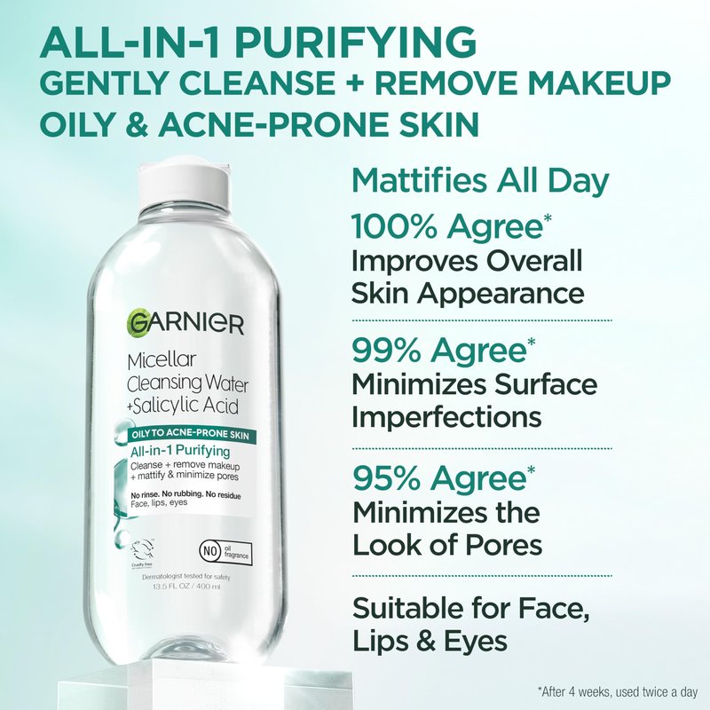 Garnier Micellar Water with Salicylic Acid, All-in-1 Mattifying Facial Cleanser and Makeup Remover for Oily and Acne Prone Skin, 13.5 Fl Oz, Pack of 2