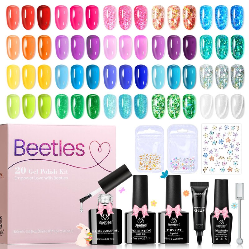 Beetles Jelly Gel Nail Polish Set - 20 Colors Summer Neon Rainbow Pink Yellow Purple Glitter Gel, Soak Off UV LED Gel Nail Kit with Base Matte Top Coat DIY Nail Art Sunbeam Jelly Gift for Women