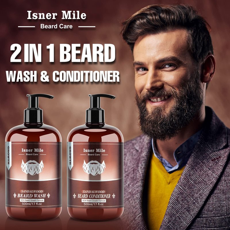 ISNER MILE Beard Wash & Conditioner Set for Men - 17 oz Shampoo with Biotin, Argan & Jojoba Oils for Smooth, Soft, and Strengthened Beard - Sandalwood Scented Grooming Gift