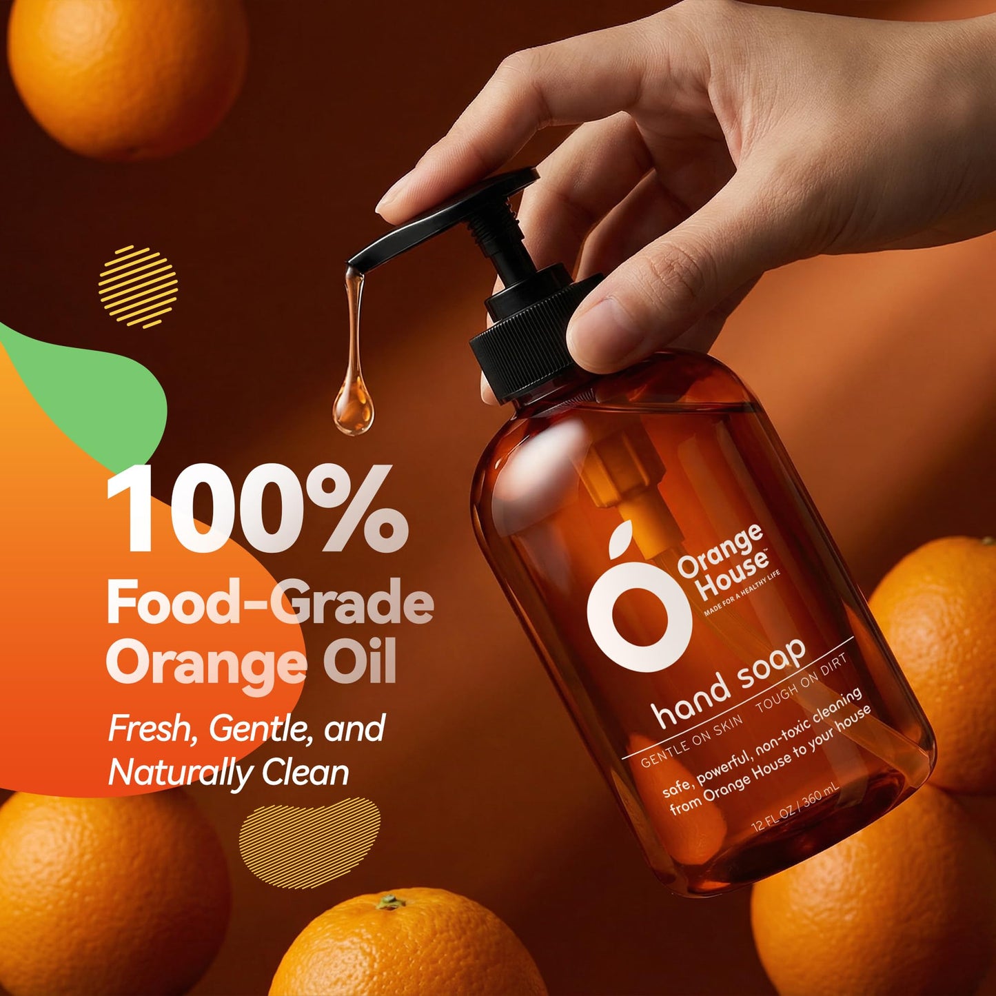 Orange House Natural Liquid Hand Soap with Food-Grade Orange Oil, Cruelty-free, Soft and Moisturizing, 12 Fl Oz