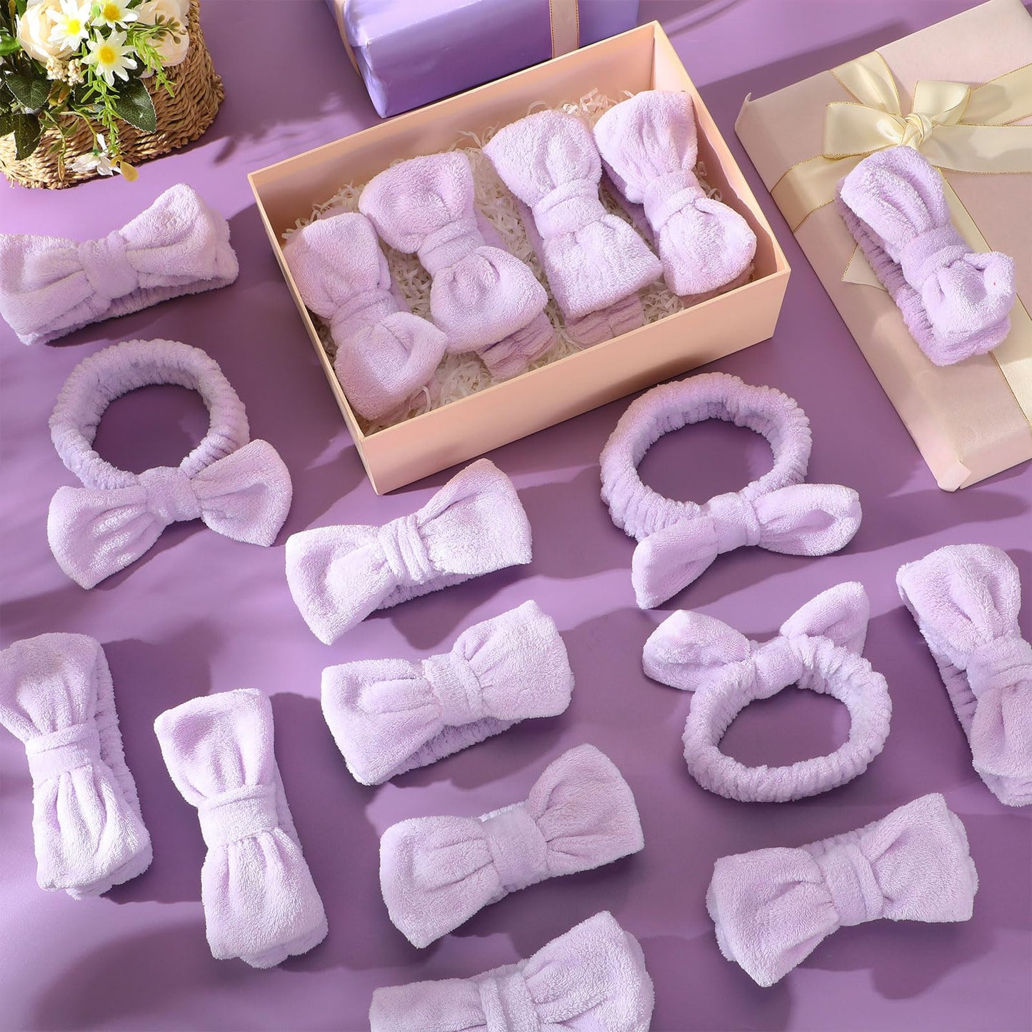 Wavyknot 50 Pcs Spa Headband Bulk Spa Sleepover Party Supplies for Washing Face with Removable Bow Makeup Elastic Bowknot Headband for Women Gifts Skincare Microfiber Hairband (Purple Style)