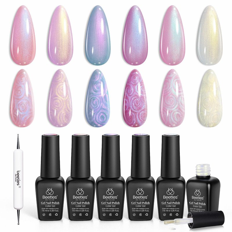 Beetles Pearl Gel Nail Polish Set – 6 Colors Swirl Pink Blue Purple White Nail Gel Collection, Swirl Shell Thread Effect Gel Polish Long Lasting Glossy Finish Soak Off UV LED for Nail Art