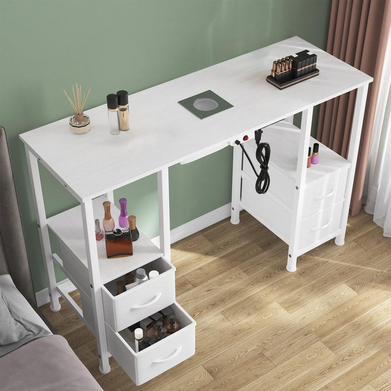 Manicure Table for Nail Tech, Nail Tech Table Station w/4 Storage Drawers & 2 Open Shelves, Nail Table w/Dust Collector for Beauty Salon Tech Station (White)