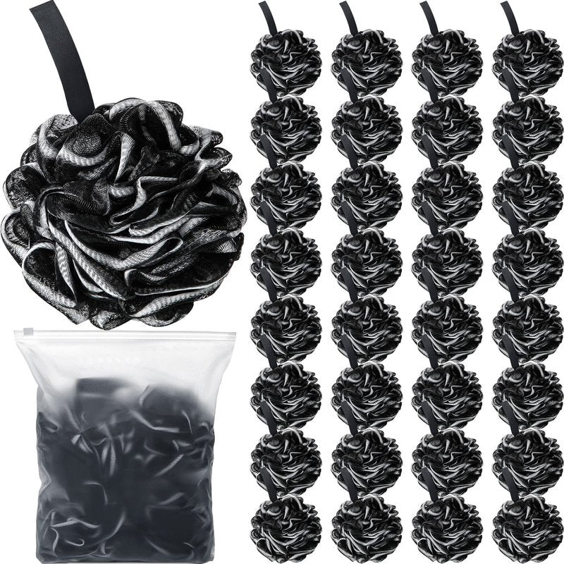 Shellwei 32 Pcs Bath Loofahs Sponge Shower Bulk 60 g for Men Black Large Charcoal Body Scrubber Mesh Shower Puff White Soft Exfoliating Pouf Balls for Women Bathing Accessories
