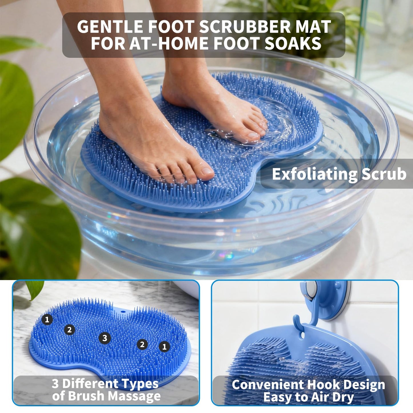 Merleu Shower Foot Scrubber Mat with 3 Types of Upgraded Brushes for Massage, Shower Back Scrubber with Micro Suction Cups,Back Washer,Shower Scrubber for Body at Home Spa (Sky Blue)