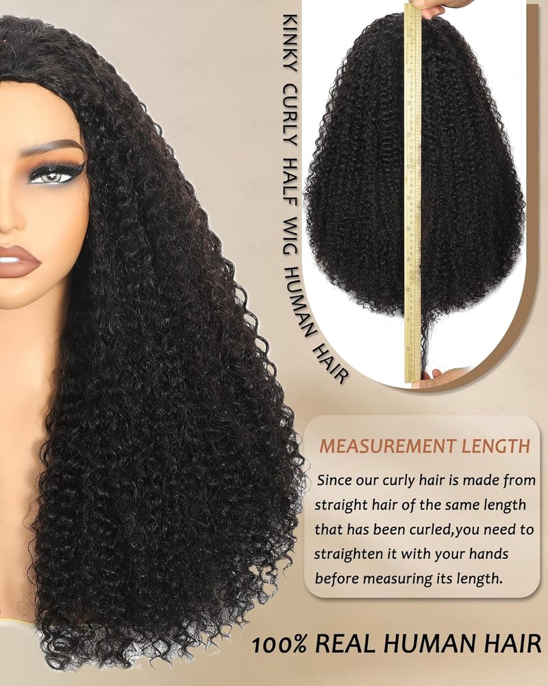 Skiennix Human Hair Half Wig - Kinky Curly 200% Density, 28 Inch, Glueless & Beginner Friendly