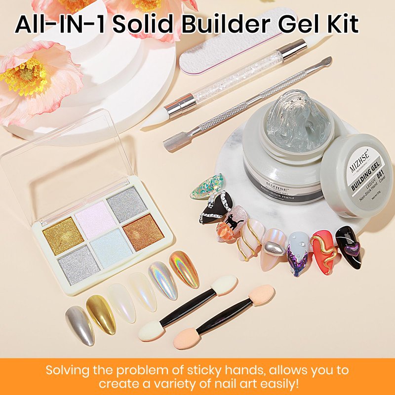MIZHSE Solid Builder Gel - 1 oz Clear Non Stick Hand Hard Gel with 6 Colors Chrome Powder Nail Form Extension Kit for Nail Salon Home DIY