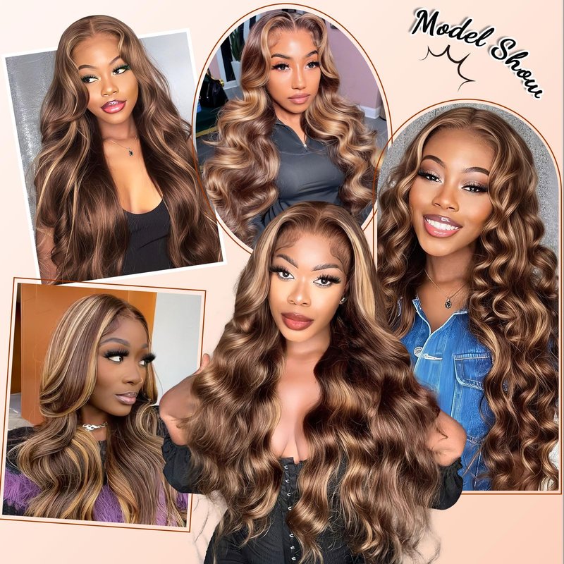 Hepnok 30 Inch Highlight Ombre Lace Front Wig Human Hair Honey Blonde Body Wave 13x6 HD Lace Front Wigs Human Hair Pre Plucked 200 Density Brown 4/27 Colored Lace Frontal Glueless Wigs for Women
