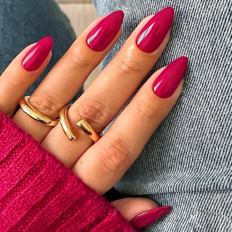 Press On Nails Almond - Raspberry Summer Bright Short Fake Nails | 32 Pcs, Reusable Kit with Glue & Mini File