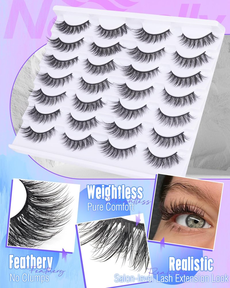 False Eyelashes Cat Eyes | Wispy Natural Faux Mink Lashes - 14 Pairs Multipack