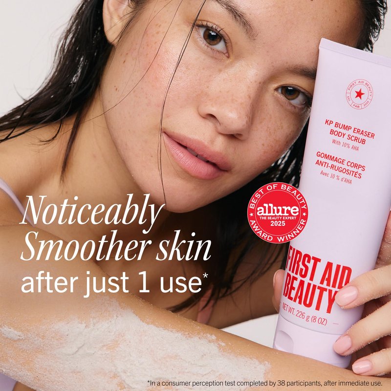 First Aid Beauty KP Bump Eraser Body Scrub with 10% AHA - Dermatologist-Tested Keratosis Pilaris Exfoliator - Support for Rough Bumps & Uneven Skin Texture - Sensitive Skin - 2 oz, Fresh Strawberry