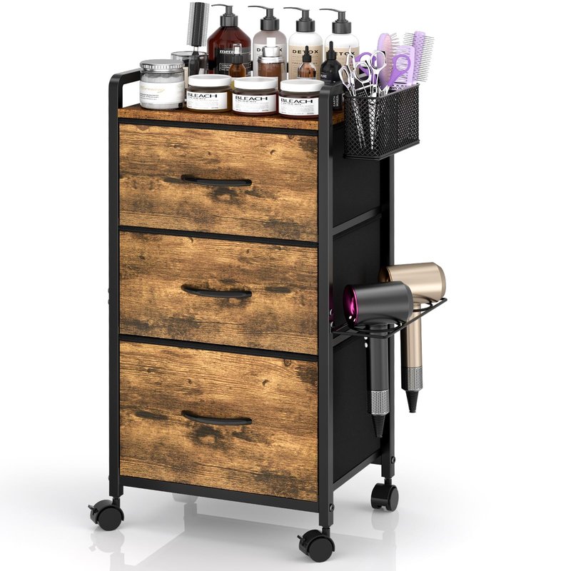 Salon Station for Hair Stylist, Rolling Salon Trolley Cart with Wheels, Beauty Barber Station with Metal Tool Holder & 3 Fabric Drawer, Mobile Storage Cabinet for Barbershop, Spa&Tattoo, Rustic Brown