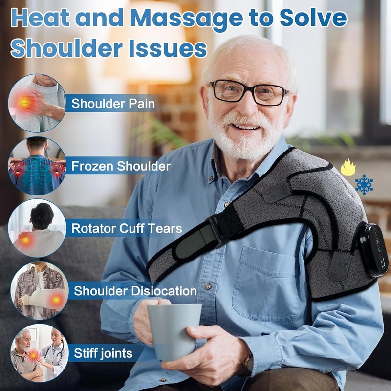 Cordless Shoulder Heating Pad - Electric Heated Wrap with Massage | 3 Vibration Levels & 3 Heat Settings for Rotator Cuff Pain Relief, Rechargeable 5000mAh Battery