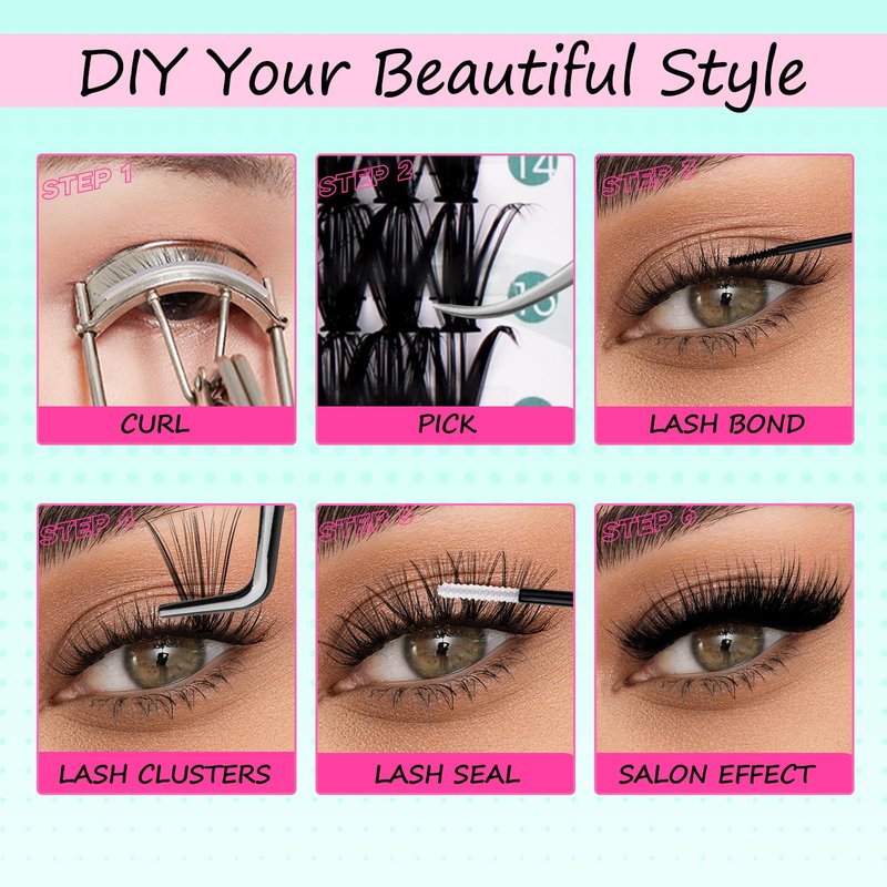 FADVAN Volume Lash Clusters Kit 280pcs DIY Eyelash Extension Kit D-curl Cluster Eyelash Extensions 40+50D Mixed Lash Kit with Eyelash Bond and Seal Remover Tweezers(40D+50D, 0.07D, 9-16mm)