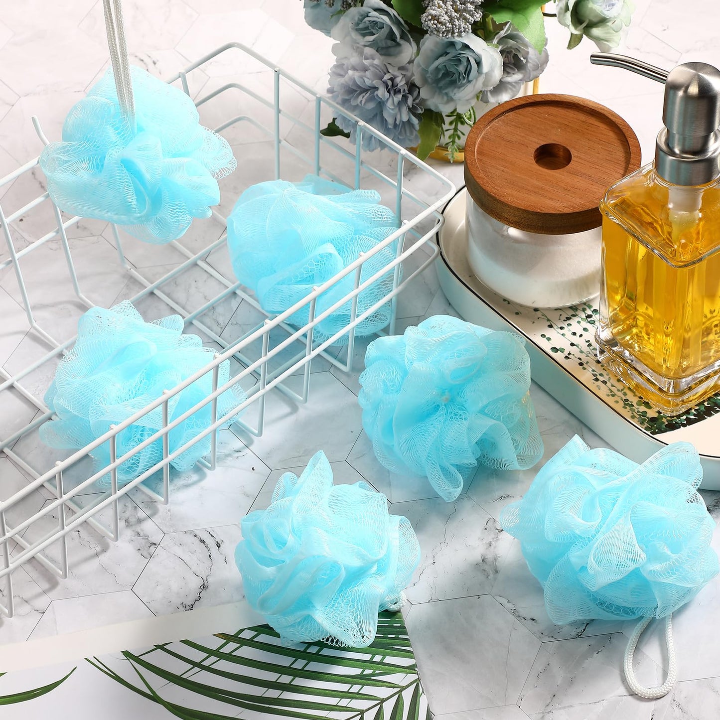 Suttmin 50 Pcs Loofah Sponge Bulk Mini Shower Sponge 3 Inch Loofahs Shower Pouf Mesh Showers Ball for Women Kids Men Exfoliating Bath Scrubber Travel Size Showers Gift(Blue)