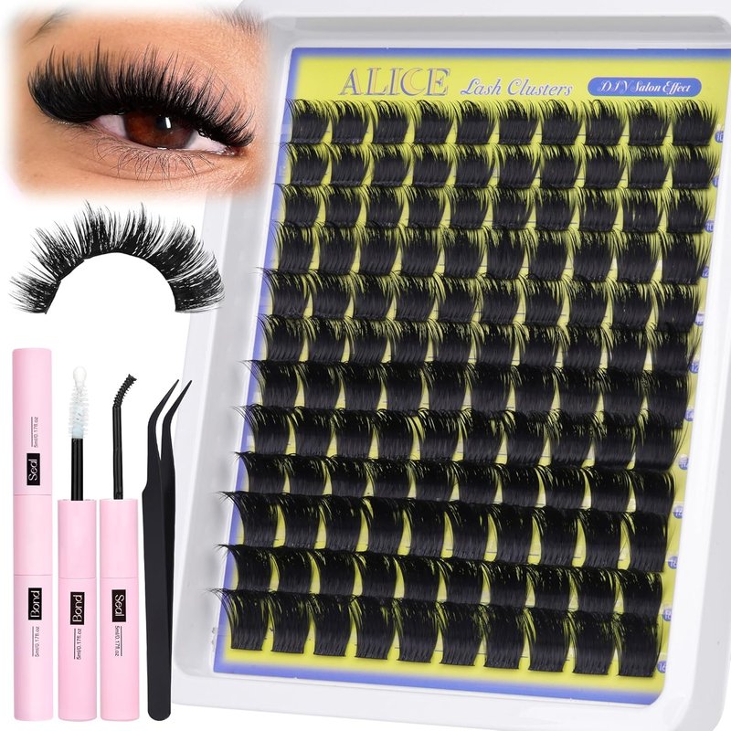 ALICE Wispy Lash Clusters Kit - Thick Volume D-Curl 200D Individual Lashes with Glue for Home Application