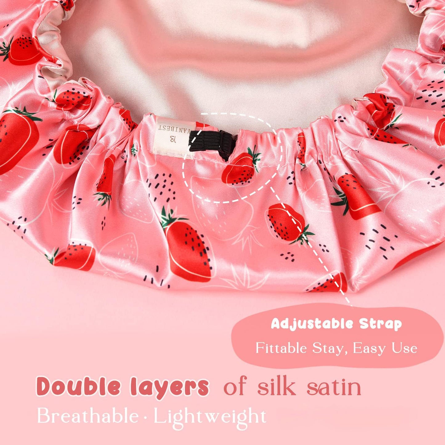 YANIBEST Baby Satin Bonnet Sleep Cap - Double Layer Reversible Adjustable Silky Satin Cap for Infant Toddler(6-36Months,Strawberry)