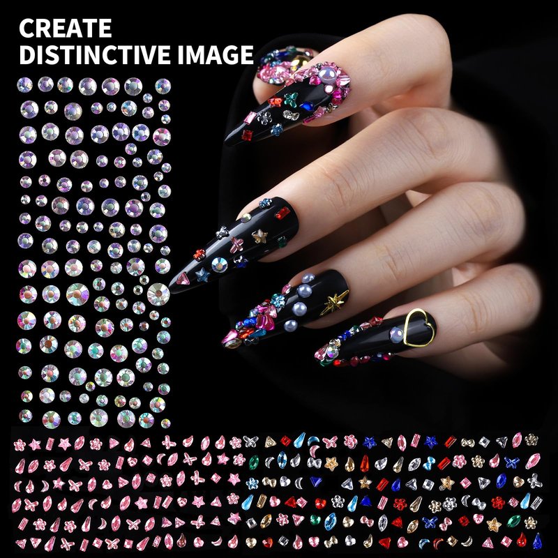 FAMDAMEI 24 Grid Nail Charms, Nail Art Kit with Multi Shapes Nail Charms and Gems, Flatback AB Nail Rhinestones Gold Nail Pearls, Charms Y2K for Nails, 3D Hawaii Flowers Nail Jewels for Nail Design
