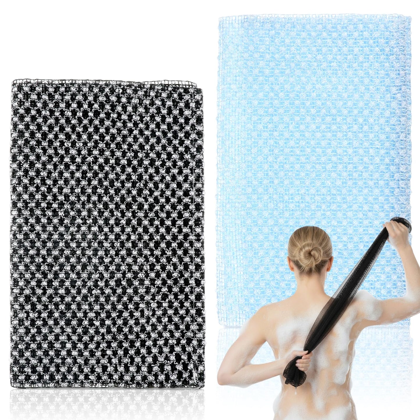 TIESOME 2 Piece Japanese Exfoliating Towel, Extra Long 35 Inch Exfoliating Washcloth for Back & Body, Deep Cleansing Body Scrub Back Scrubber for Men Women (Black, Blue)