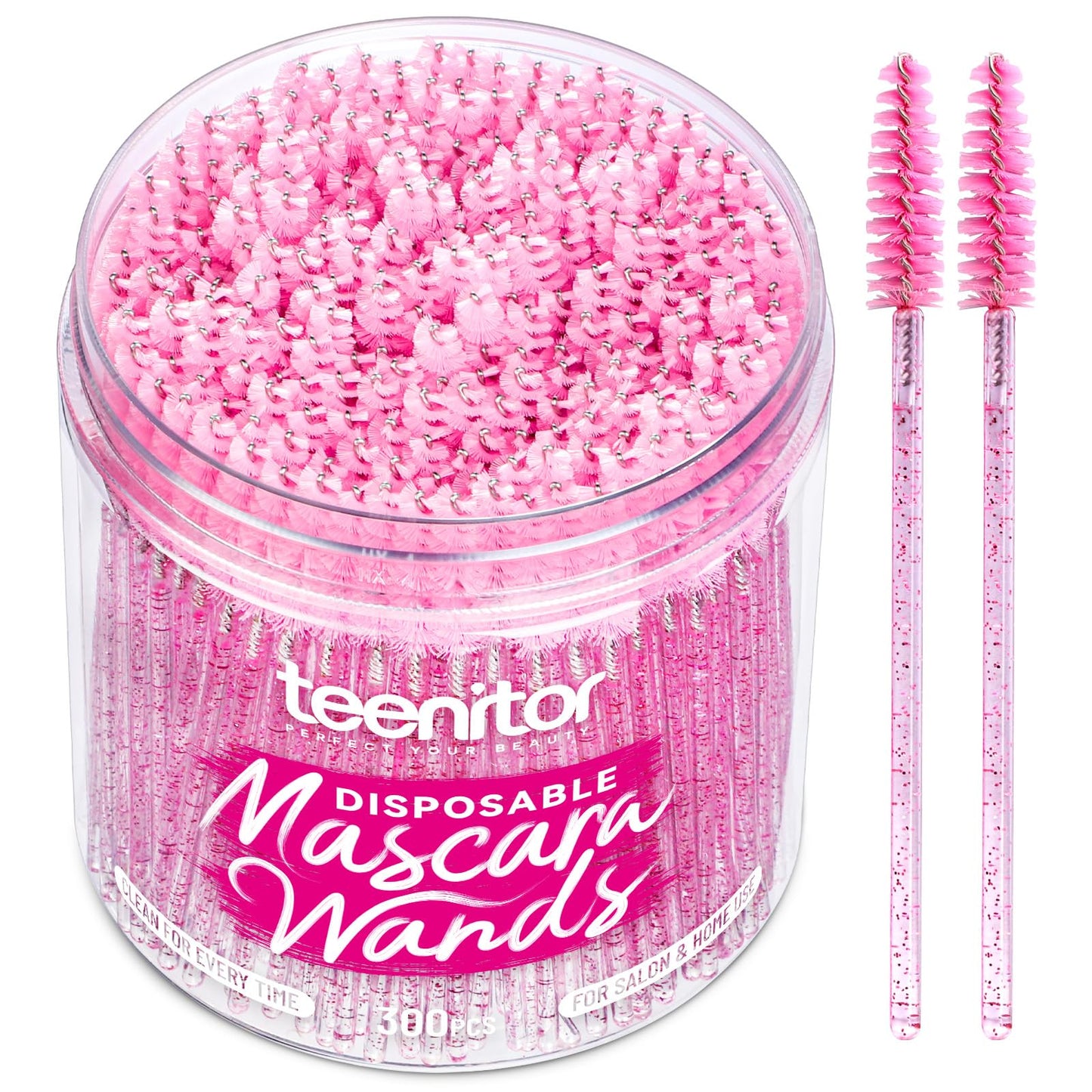 Teenitor 300PCS Mascara Wands Disposable, Lash Wands Eyelash Brush Mascara Spoolies, Eyebrow Spoolie for Eye Lash Extensions, Disposable Makeup Applicators with Container, Crystal Pink