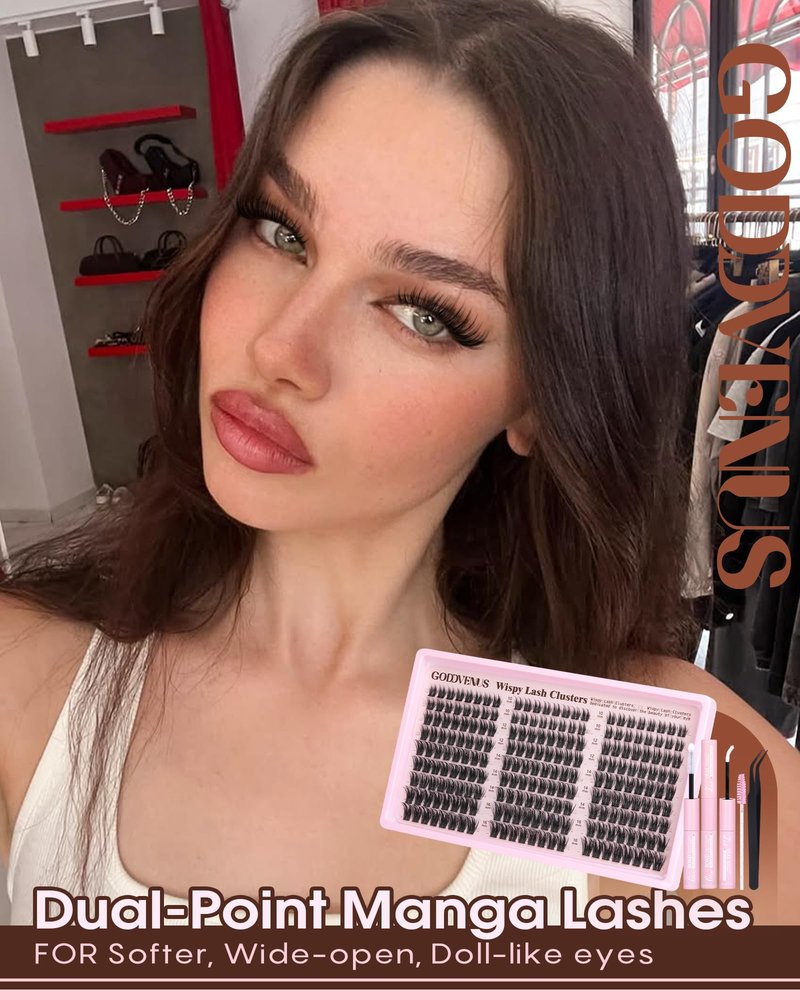 Goddvenus Wispy Manga Lash Clusters Kit Natural Eyelash Clusters Kit Fairy Cluster Eyelash Extensions Anime Individual Lashes C Curl Lash Extension Kit Waterproof DIY Eye Lashes Cluster Glue