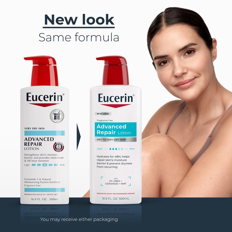 Eucerin Advanced Repair Lotion, Urea Enriched, Unscented Body Lotion for Dry Skin With Triple Moisturizing Complex, 16.9 FL OZ Bottle